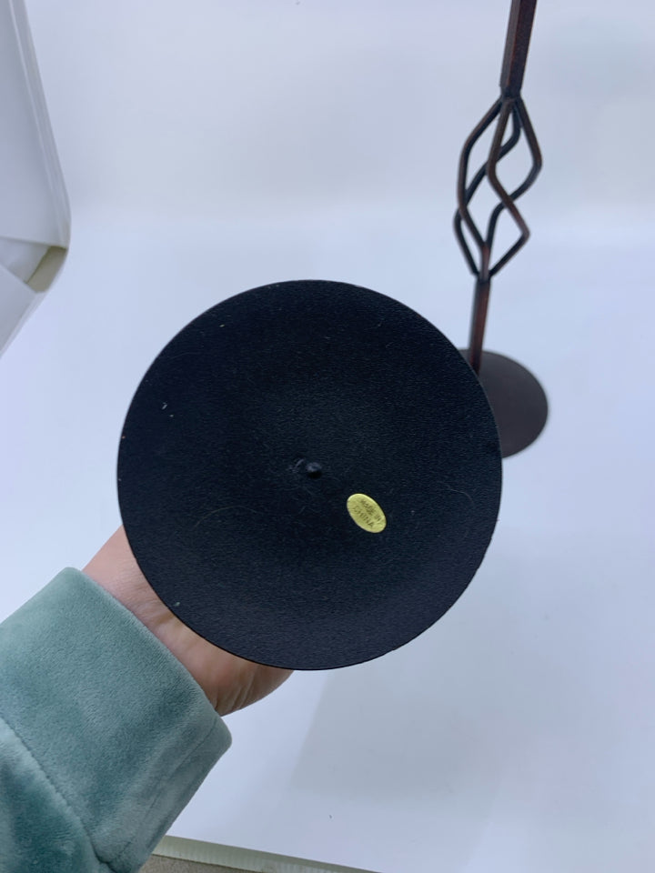 2 BLACK RUSTIC METAL PILLAR CANDLE HOLDERS W/ SPIRAL.