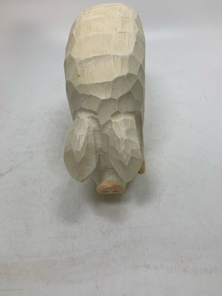 WOOD CARVED WHITE TEXTURED PIG.