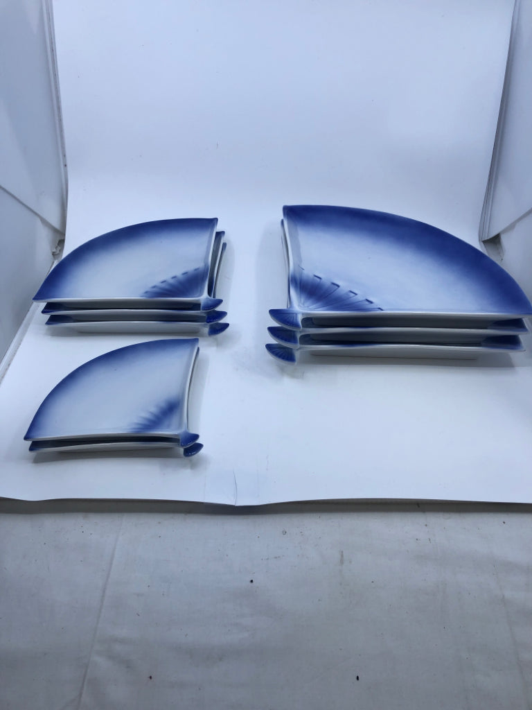 8PC VINTAGE FAN SHAPED APPETIZER SET- WHITE AND BLUE.