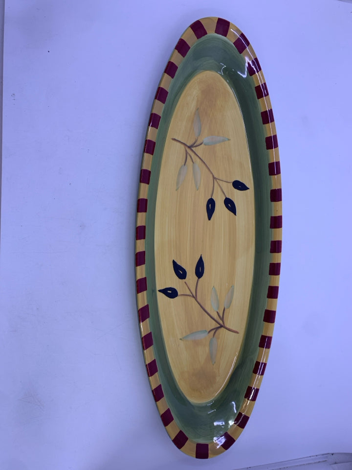 OVAL GREEN/YELLOW RED BLOCK BRANCHES SERVING DISH.