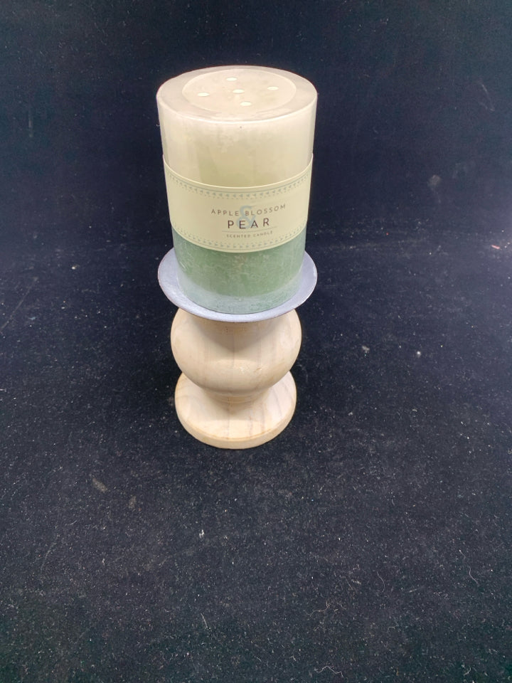 WOODEN CANDLE HOLDER WITH CANDLE.