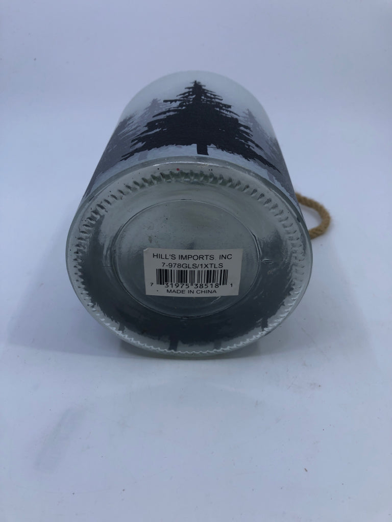 TREE FROSTED LANTERN W ROPE HANDLE.