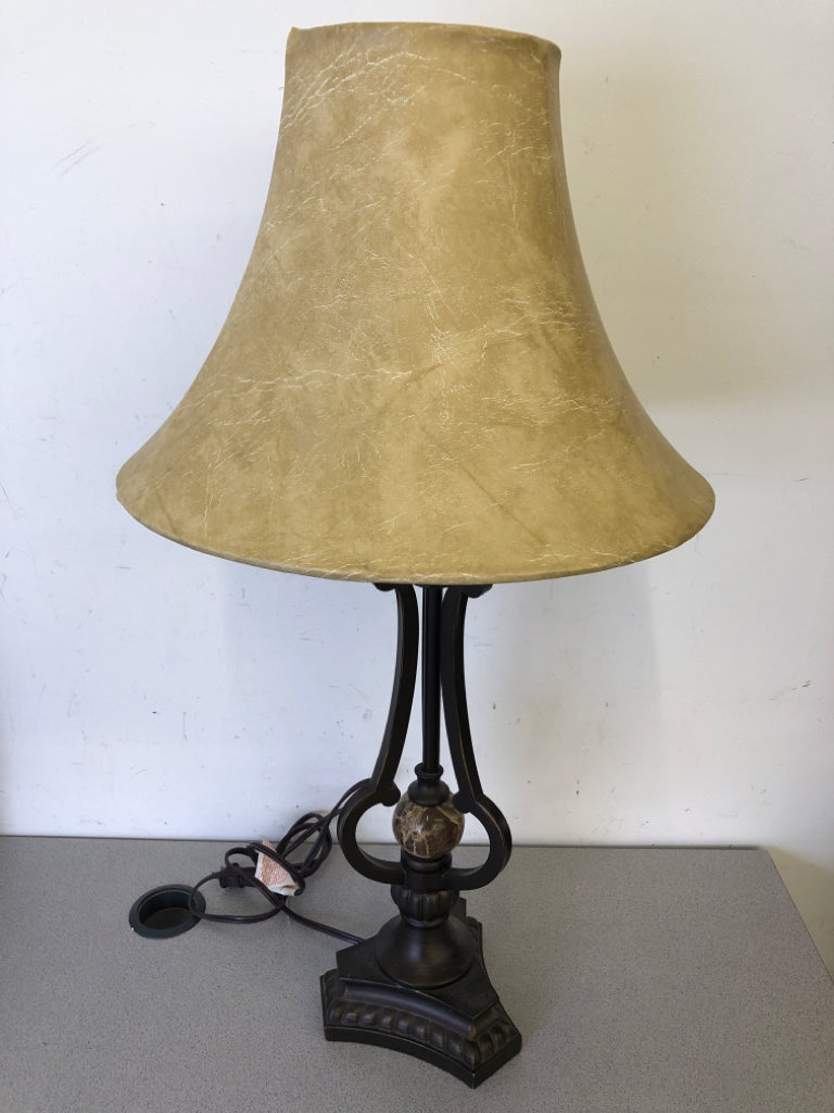 HEAVY METAL BASE LAMP W MARBLE BALL AND FAUX SKIN SHADE.