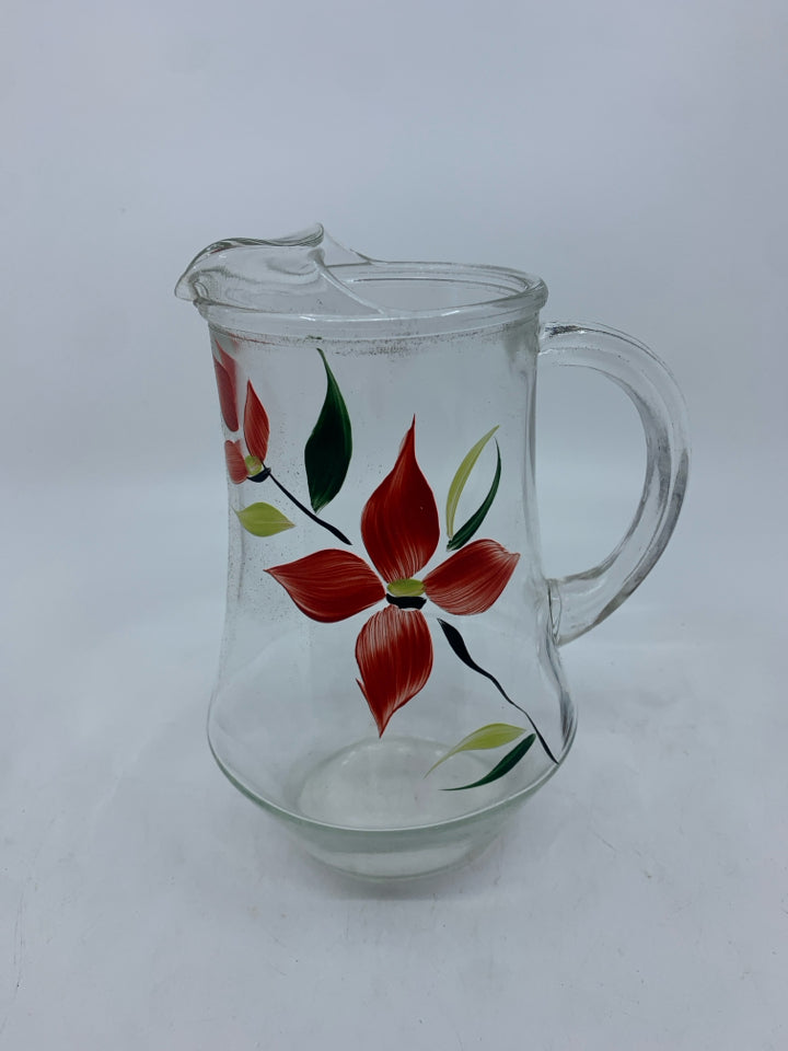 VTG RED FLORAL PAINTED PITCHER.