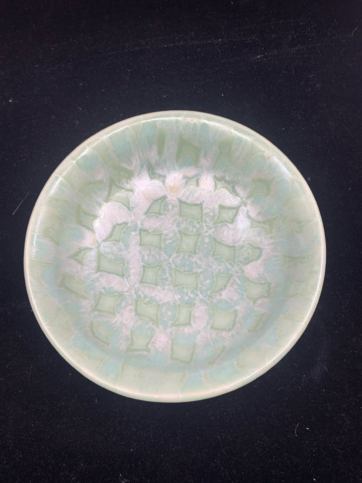 LF STAMPED MINT GREEN POTTERY BOWL W/ DESIGNS.