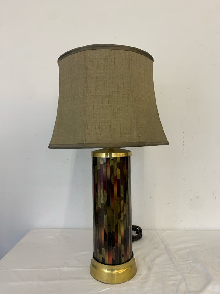 GOLD RED MOSAIC LAMP W BROWN SHADE.