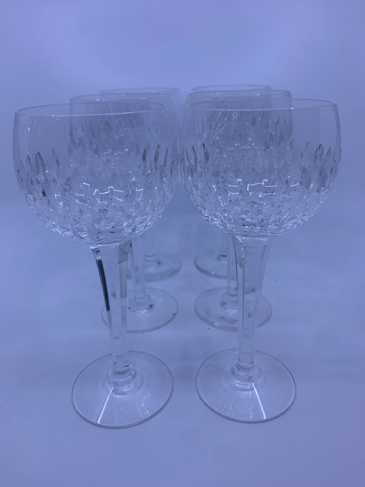 6 CUT GLASS BULB WINE GLASSES.