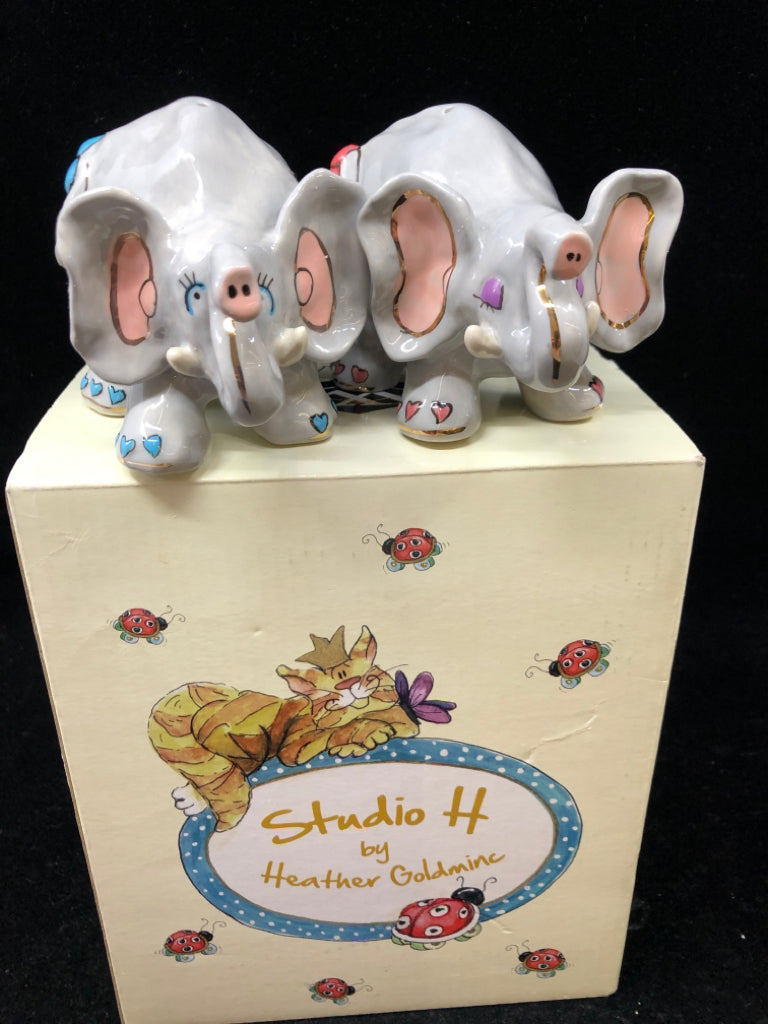 ELEPHANT SALT & PEPPER SHAKERS IN BOX HEATHER GOLDMINE.