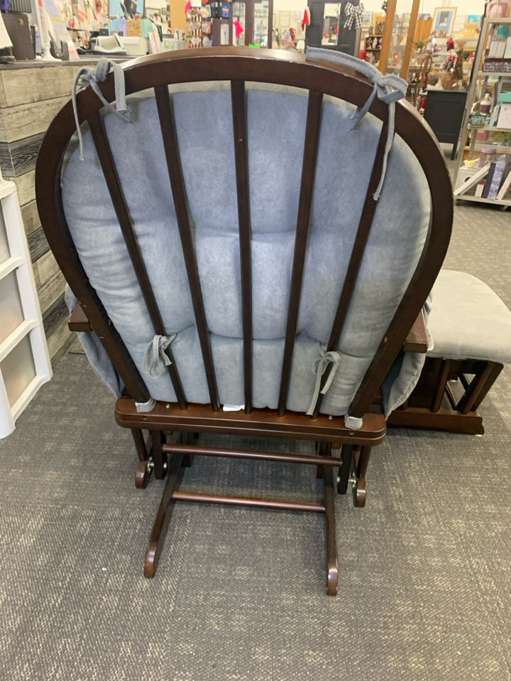 DARK WOOD GLIDER W/ OTTOMAN GREY CUSHION.