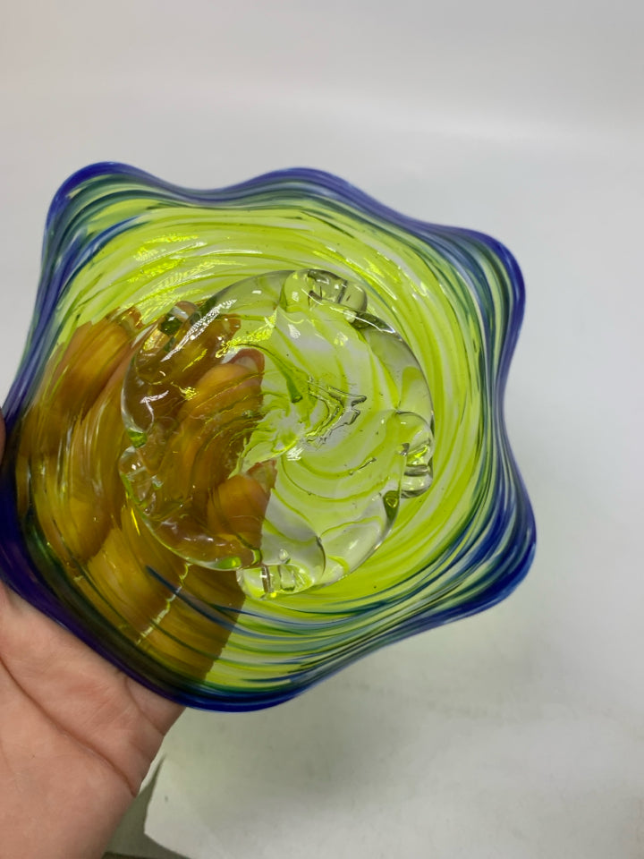 BLUE/YELLOW BLOWN GLASS SMALL CATH ALL DISH.