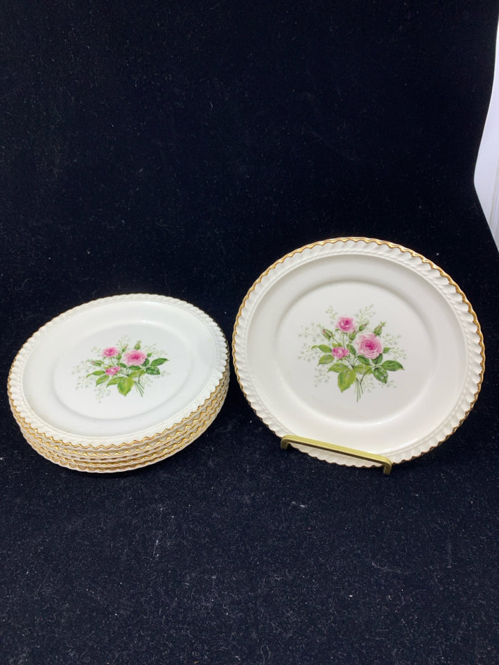6 VTG ROSE PATTERN PLATE W GOLD RIM.
