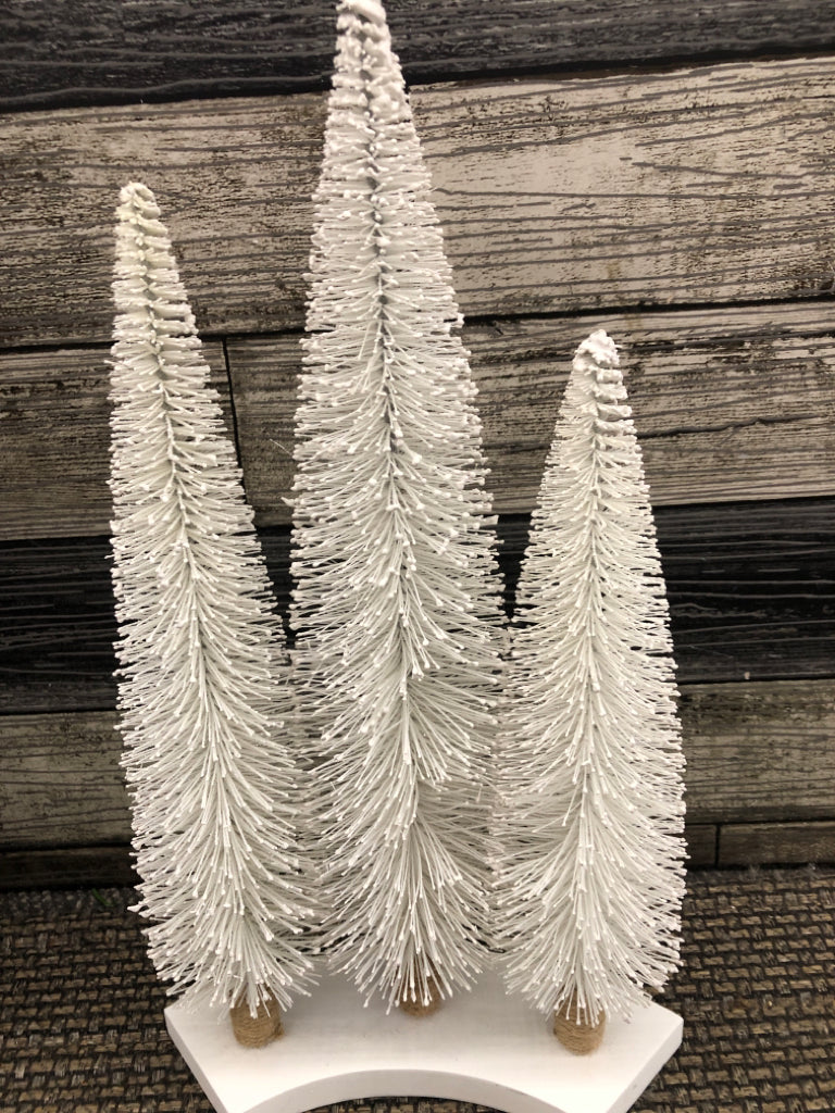 3 WHITE CHRISTMAS TREES WITH WHITE GLITTER BASE.