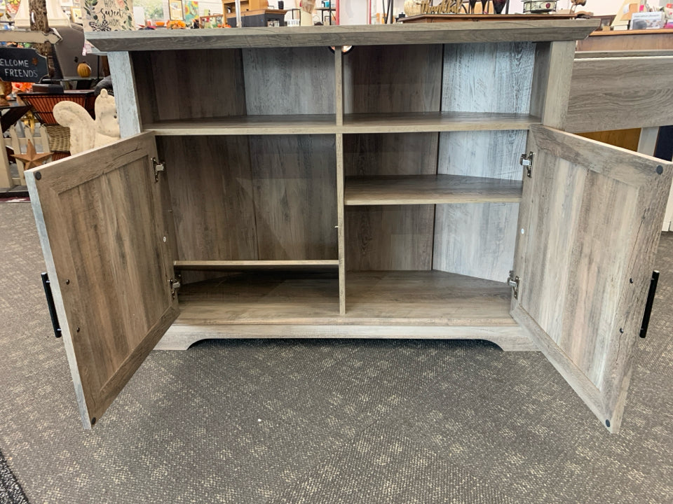 GREY CORNER TV STAND W CABINET ABD CUBBIE SHELF.