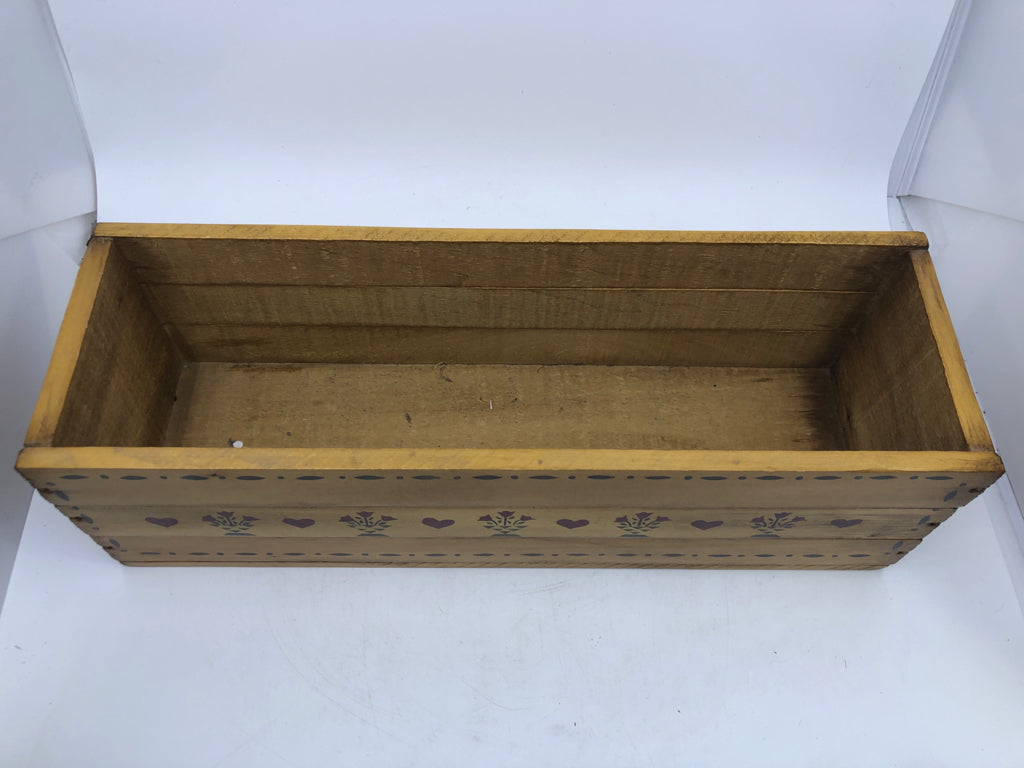BLONDE WOOD RECTANGLE STOARGE W/ PAINTED RED TULIPS+HEARTS.