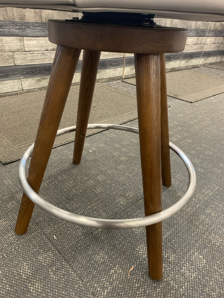 FAUX GREY LEATHER SWIVEL BAR STOOL.
