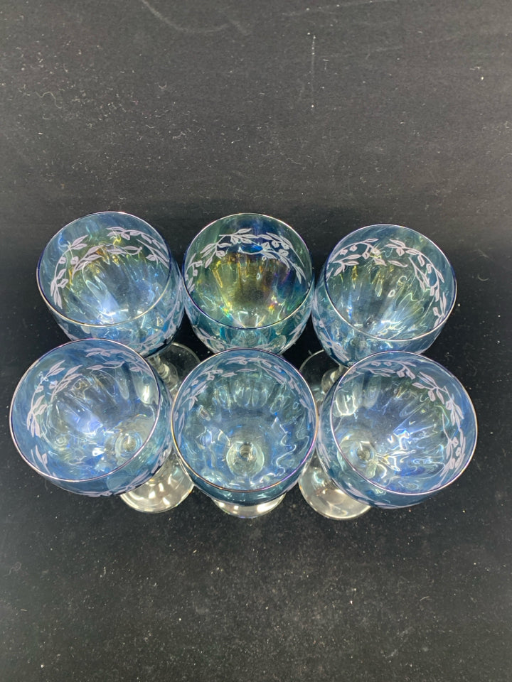 6 IRIDESCENT BLUE WINE GLASSES W/ ETCHED LEAVES.