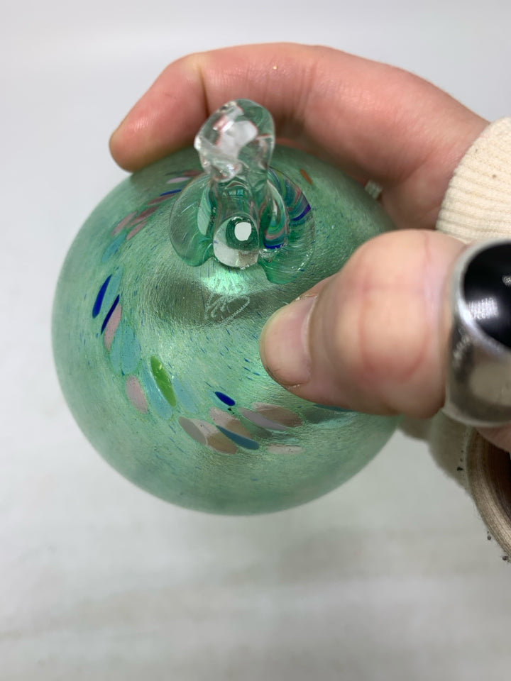 LIGHT GREEN BLOWN GLASS BLUE SPECKLED ORNAMENT *SIGNED.