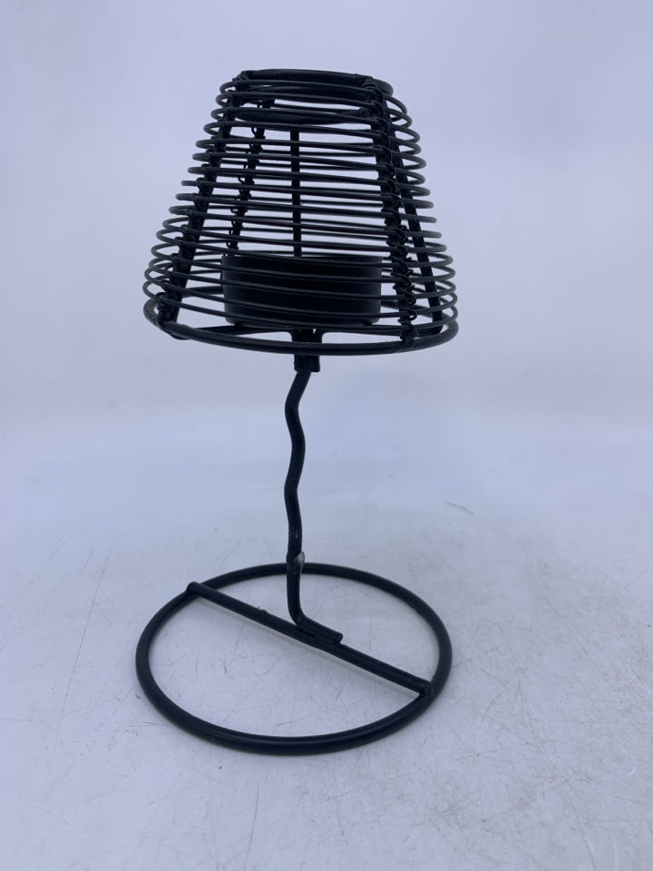 BLACK METAL TEA LIGHT HOLDER W/ SHADE.