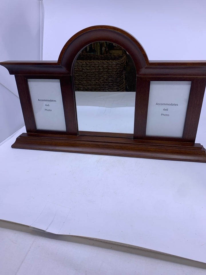 WOOD MIRROR AND 4X6 PHOTO FRAMES.
