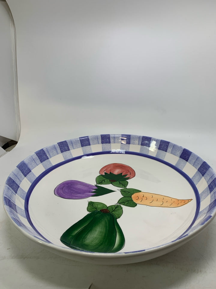LARGE ASSORTED VEGGIES BOWL W/ CHECKERED EDGE.