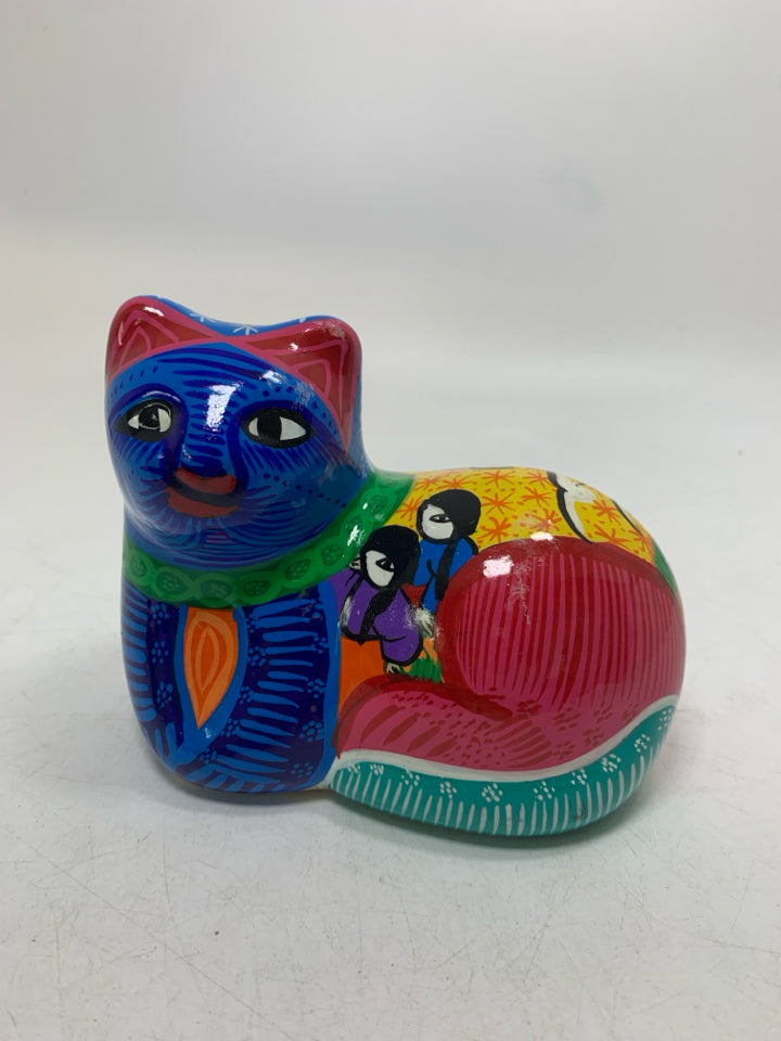 COLORFUL PAINTED SITTING CAT MADE IN MEXICO.