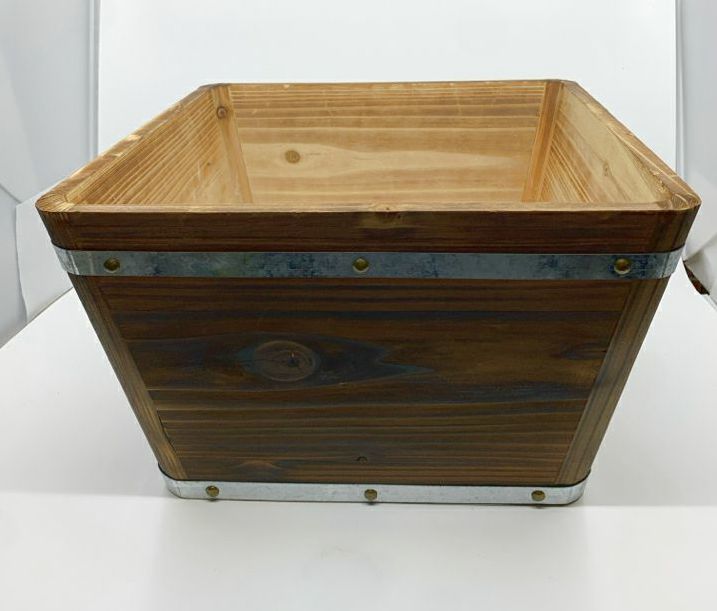 WOOD BUCKET/BASKET - METAL WRAPPED HANDLES.