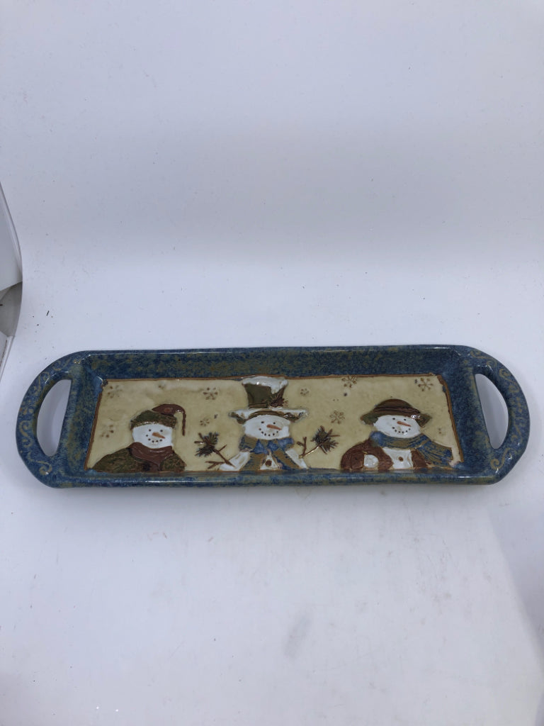 POTTERY SNOWMAN RECTANGLE TRAY W HANDLES.