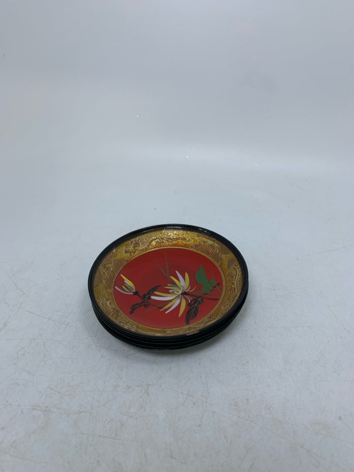 5 PLASTIC  RED/GOLD PAITNED SOY SAUCE BOWLS W/ FLOWERS.