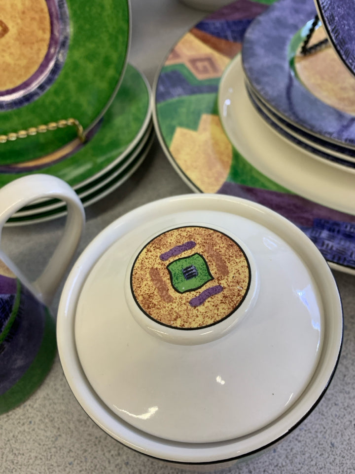 16PC SANGO SERVING SET, GREEN/BLUE PATTERN.