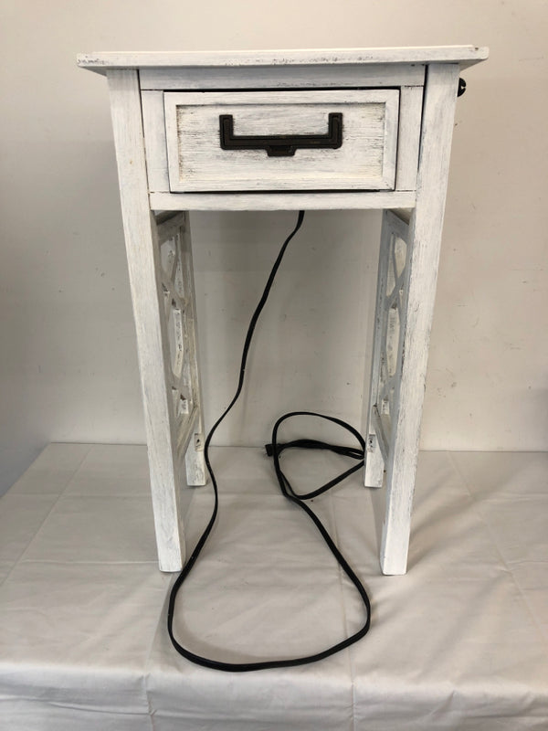 WHITE DISTRESSED SIDE TABLE W DRAWER PLUG AND USB.