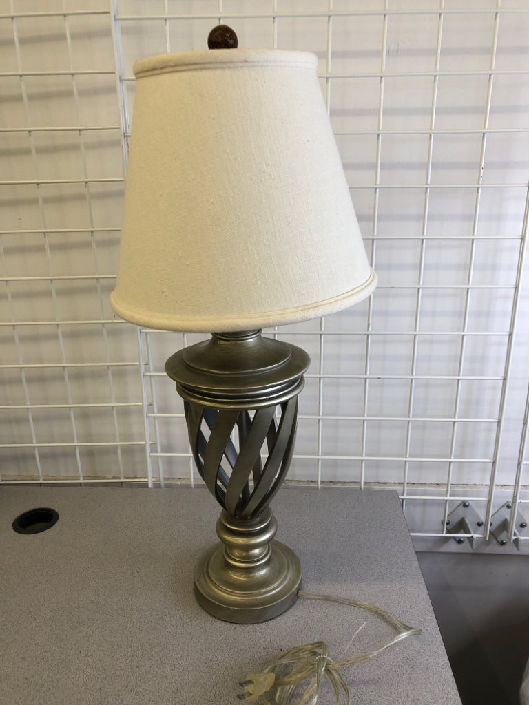 HEAVY SILVER BASKET LAMP W/ CAGE LOOK/TEXTURED SHADE.
