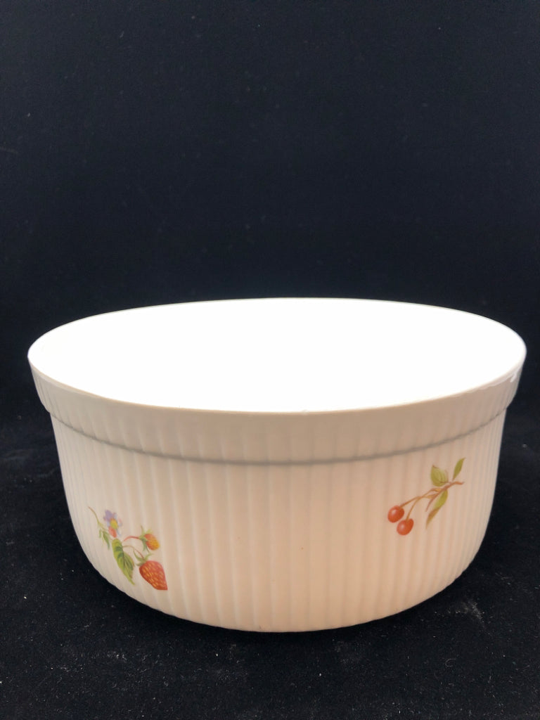 SOUFFLE PORCELAIN DISH W/FRUIT DESIGNS.