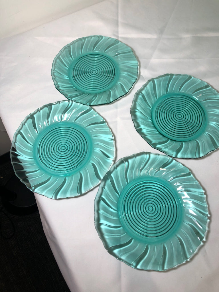 4 TEAL TEXTURED GLASS PLATES.