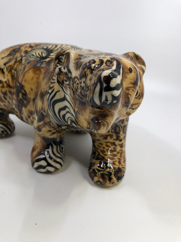 SAFARI PATCHWORK BEAR CERAMIC W/FABRIC OVERLAY GLAZE.