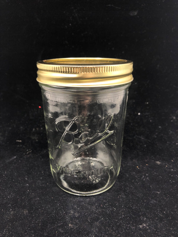 BALL WIDE MOUTH MASON JAR W GOLD TOP.