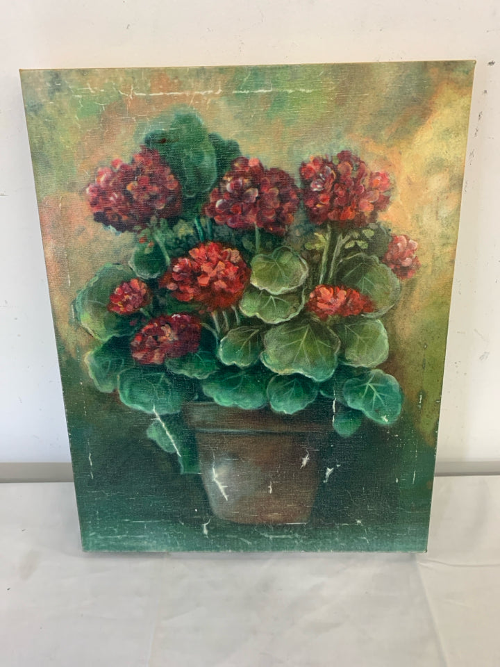 RED GERANIUM FLOWERS IN BROWN POT CANVAS.