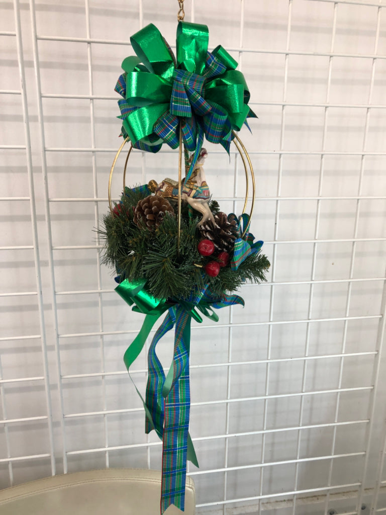 BRASS HOOP CAROUSEL HORSE FLORAL ARRANGEMENT DOOR HANGER.