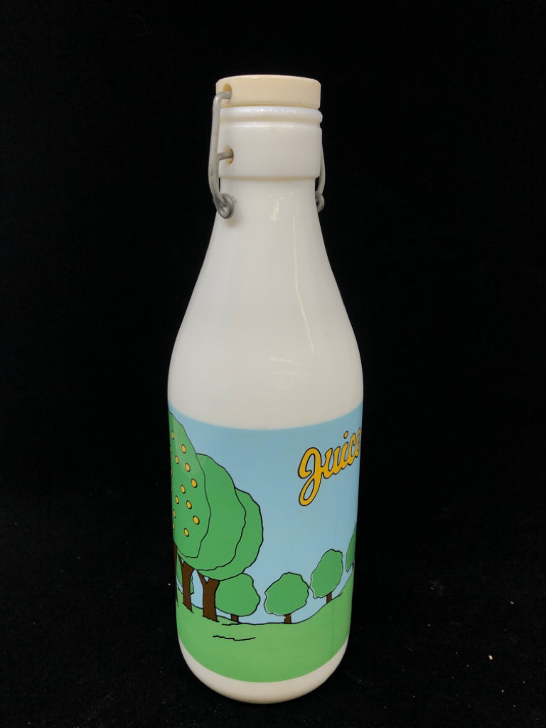 VTG WHITE MILK BOTTLE PAINTED ORCHARD W/STOPPER.