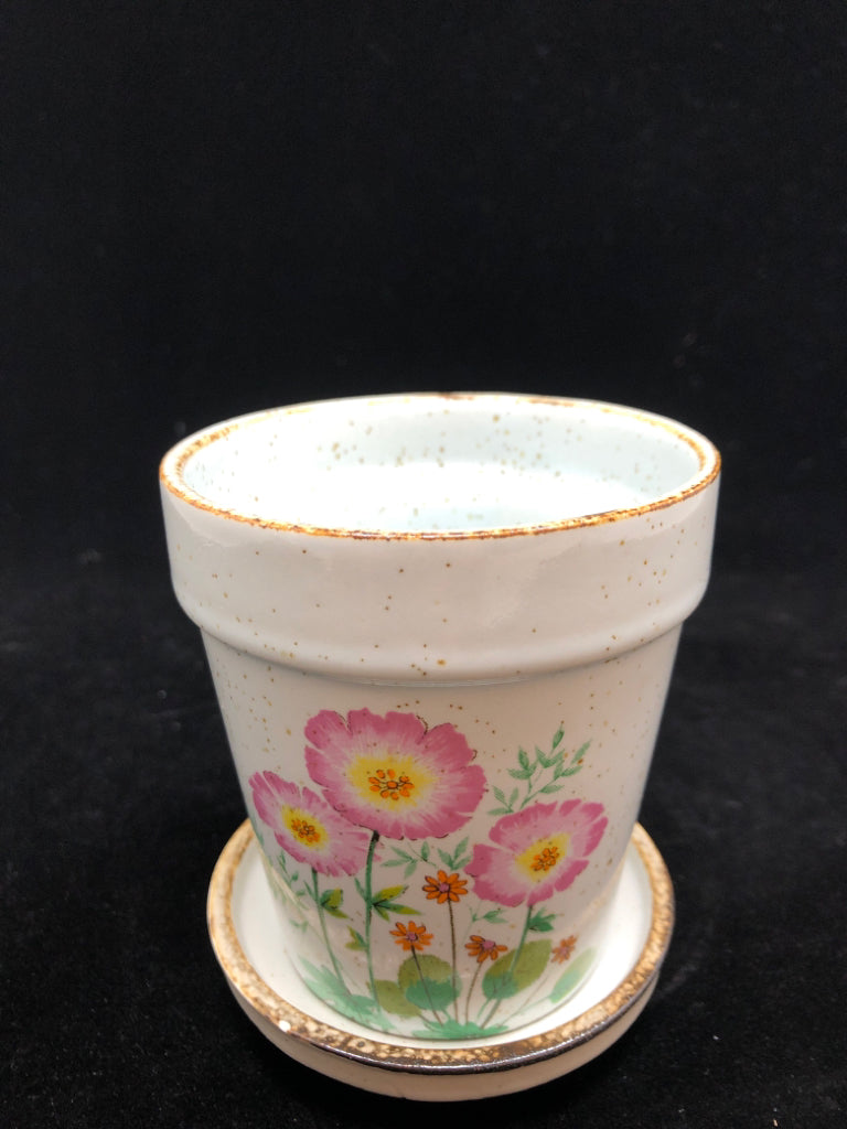 TEAL FLORAL PLANTER W/DRIP PLATE.