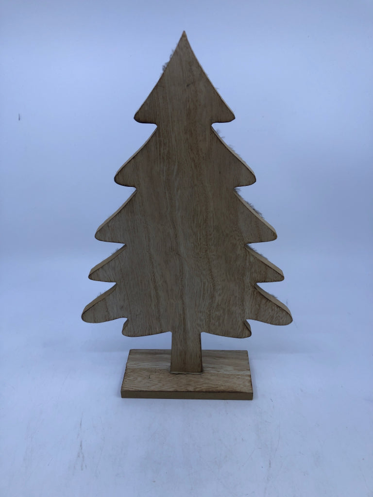 SMALL WOODEN WITH FUZZY GREY CHRISTMAS TREE WITH WOODEN BASE.
