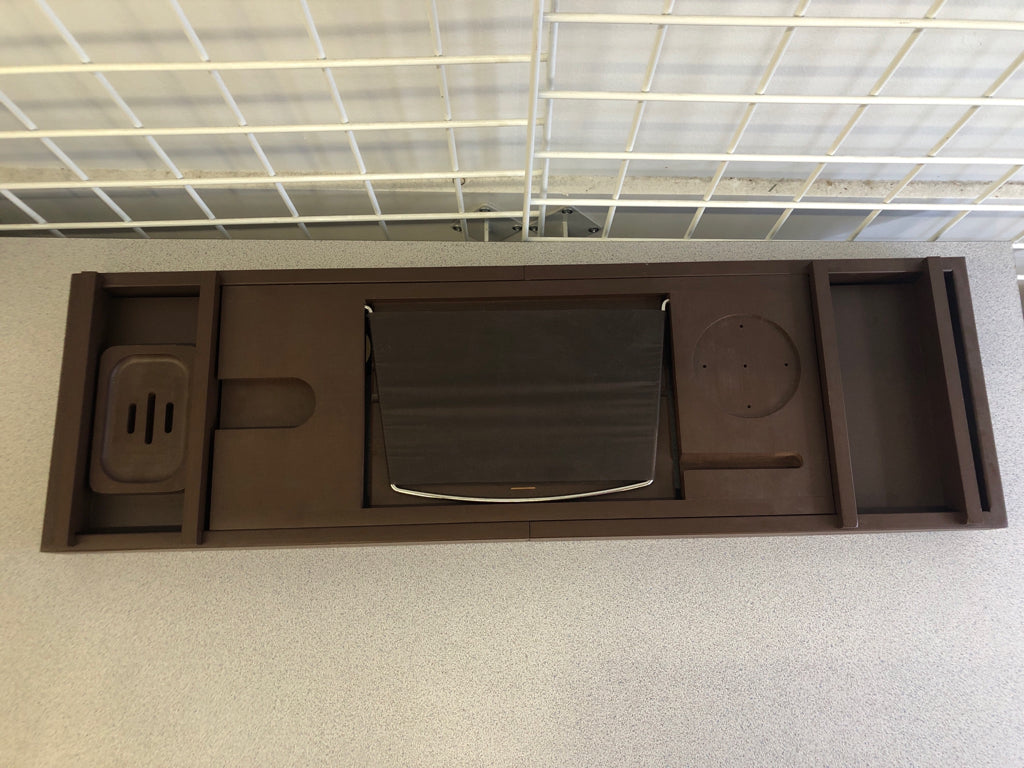 DARK WOOD EXPANDABLE BATH TRAY W REMOVABLE PIECE.