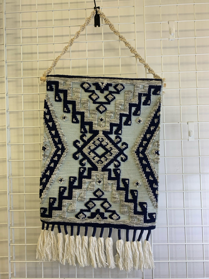 BLUE,TEAL,GREY AZTEC PATTERNED TAPESTRY WALL HANGING.