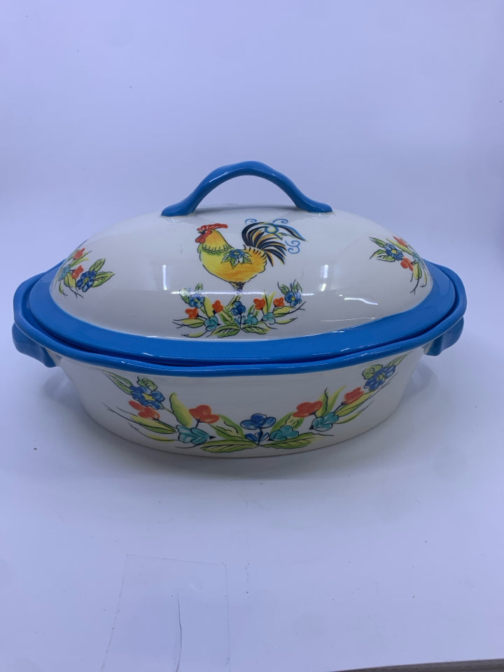 OVAL ROOSTER DISH W BLACK STAND.