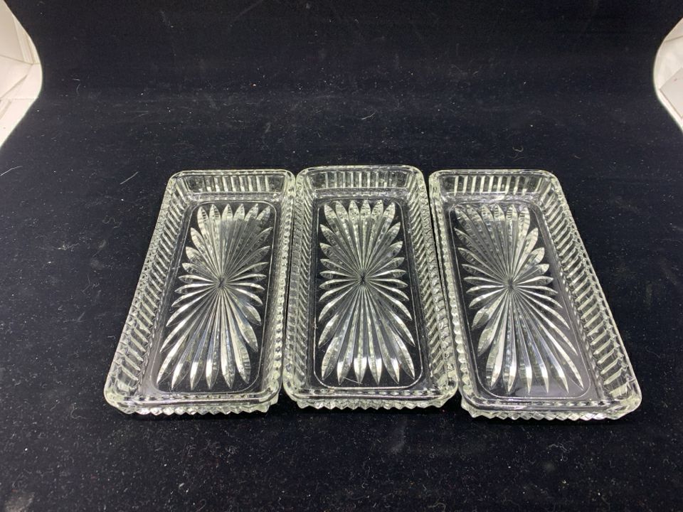 3 CUT GLASS RECTANGLE SERVING DISHES.