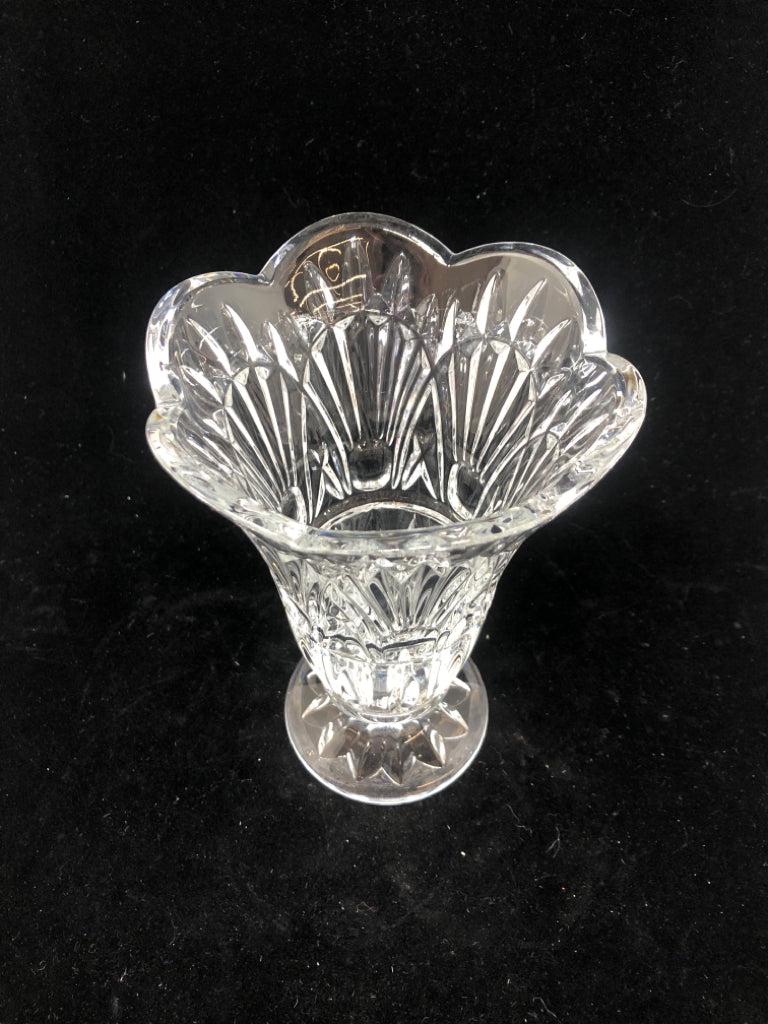 CUT GLASS FOOTED VASE W/SCALLOPED EDGE.