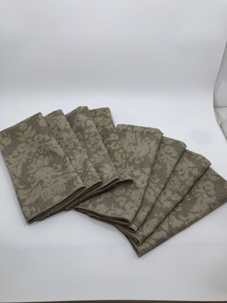 8 BEIGE DAMASK PRINT NAPKINS.