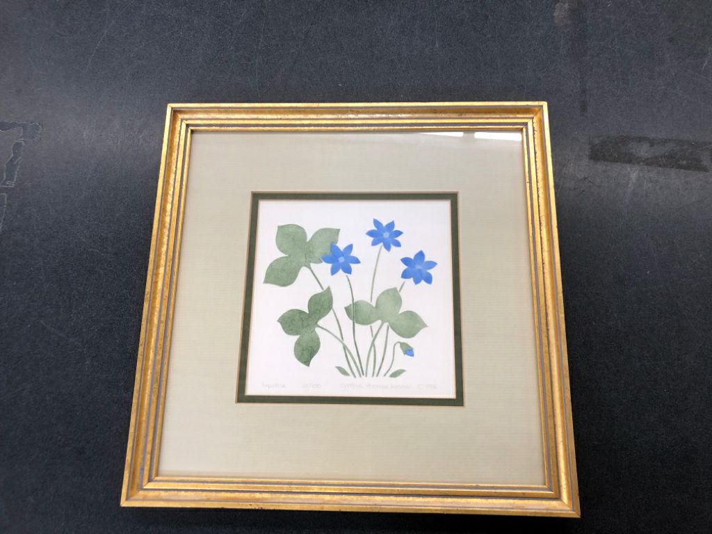 BLUE FLORAL WATERCOLOR SIGNED FRAMED ART.