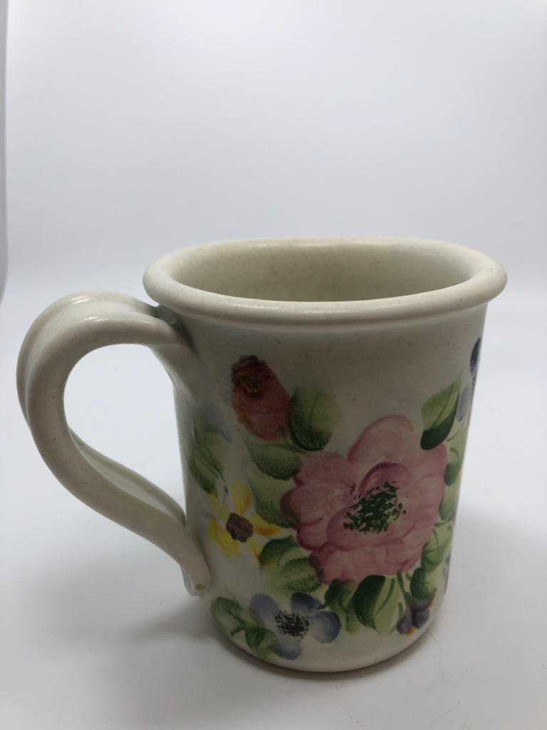 HANDPAINTED MUG W/COLORFUL FLOWERS.