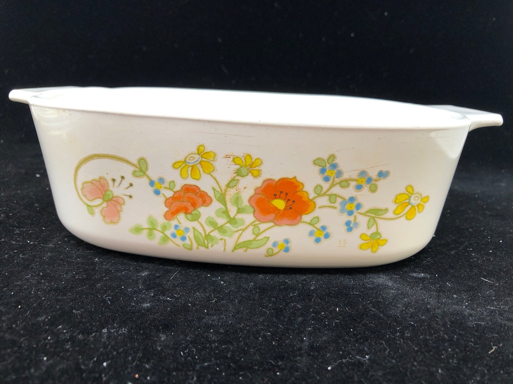 SQUARE FLORAL COVERED CASSEROLE DISH.