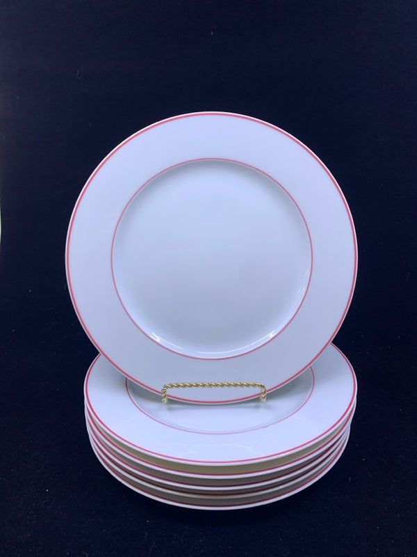 6 WHITE RED RIMMED LUNCH PLATES.